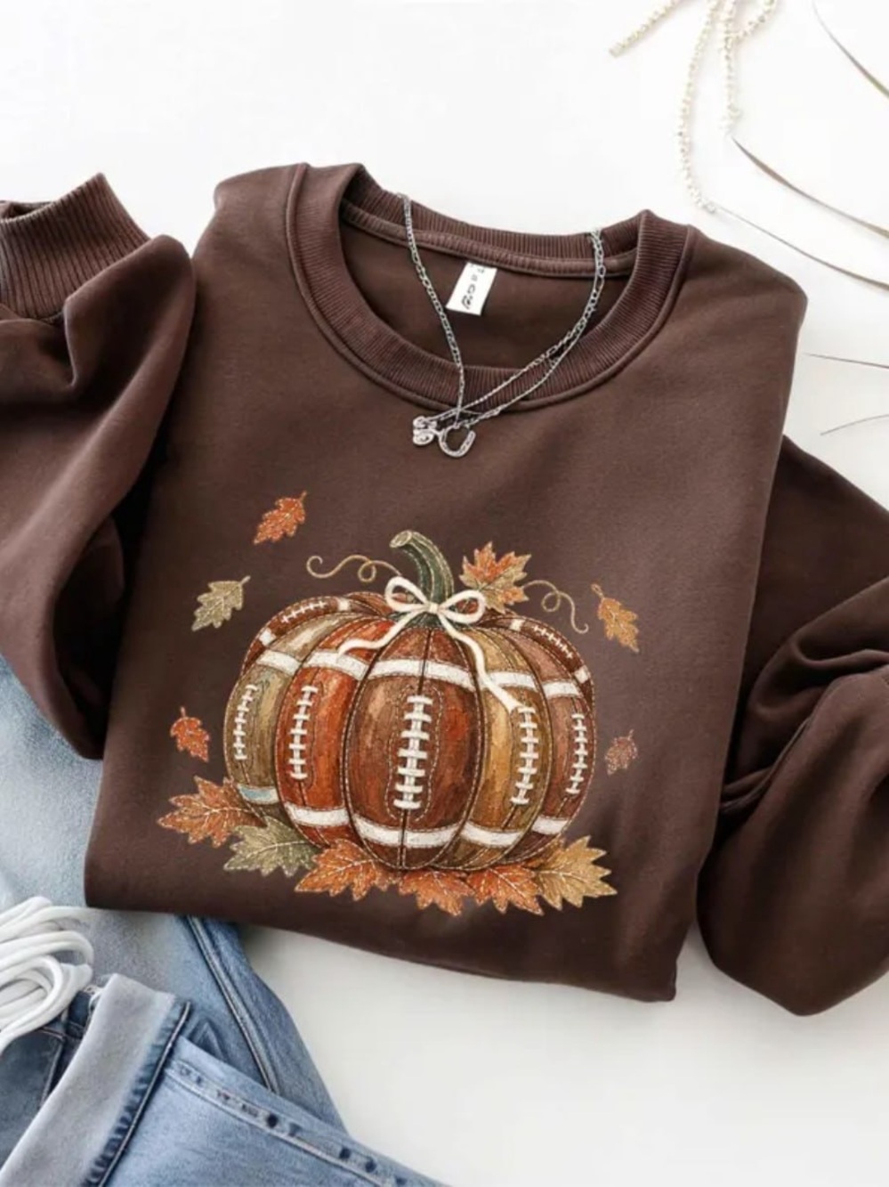 Brown Pumpkin Football Graphic Sweatshirt